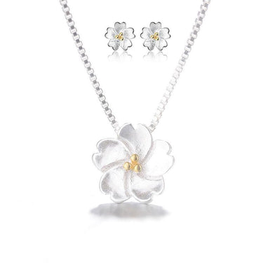 THAI SILVER Plumeria FLOWER Necklace + Earrings SET